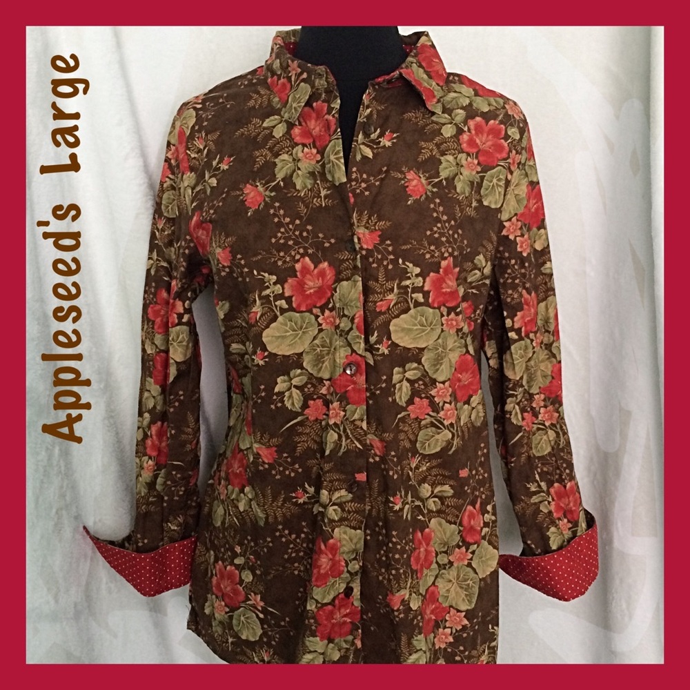 Appleseed's Red Brown Floral Print Button Shirt - Picture 1 of 8